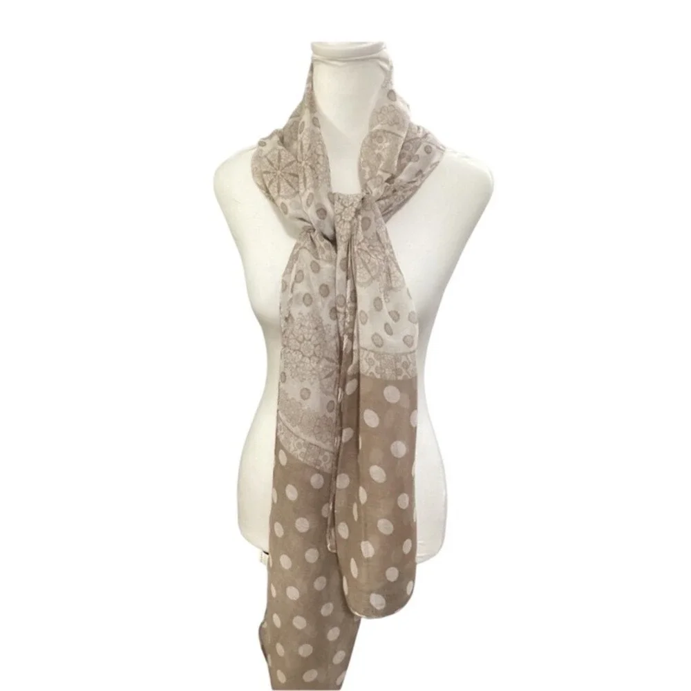 Polka Dot and Lace Mandala Print Lightweight Scarf Taupe Cream NEW approx 19X73